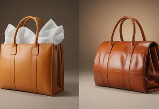 A side-by-side comparison of a tan leather handbag stuffed with white tissue paper to maintain its shape versus an empty, collapsing leather bag