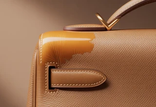 Close-up of a brown Hermès leather bag showing a large patch of ruined, shiny, and oversaturated leather from a conditioning mistake