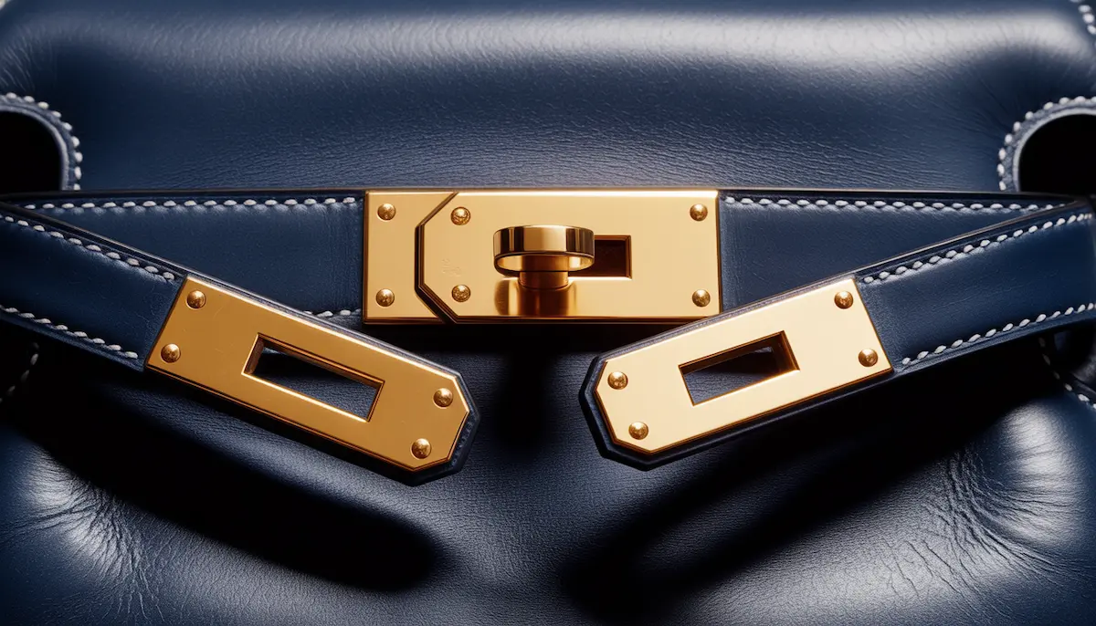 A vibrant blue navy Hermès Birkin bag with gold hardware, showing the textured grain that owners need to evaluate for scratch resistance.