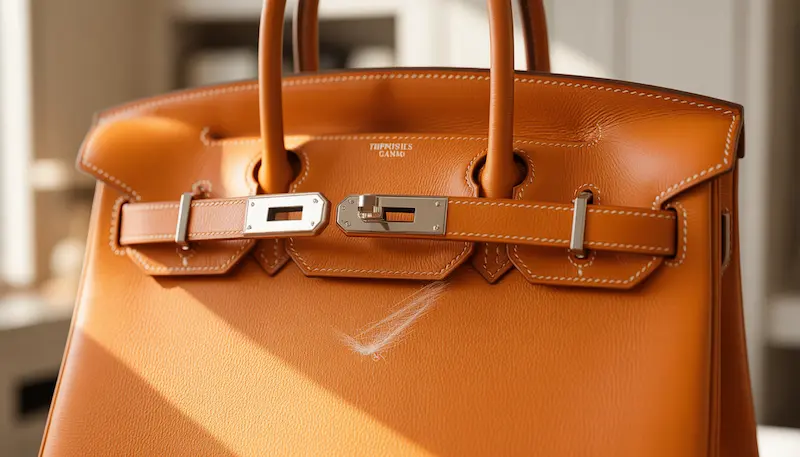 A pink Hermès Kelly bag on a marble table with leather swatches, showcasing the vibrant color saturation of smooth leathers that are prone to scratching
