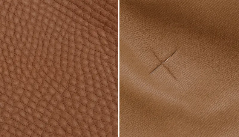Close-up side-by-side comparison of tan Togo leather and black Clemence leather on Hermès bags to show grain differences and wear patterns.