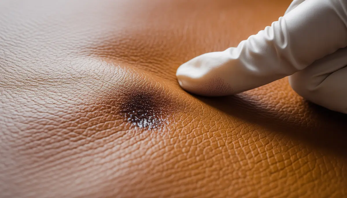 A close-up of a dark liquid stain on brown grained leather with a gloved finger pointing at the damage