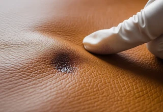 A close-up of a dark liquid stain on brown grained leather with a gloved finger pointing at the damage