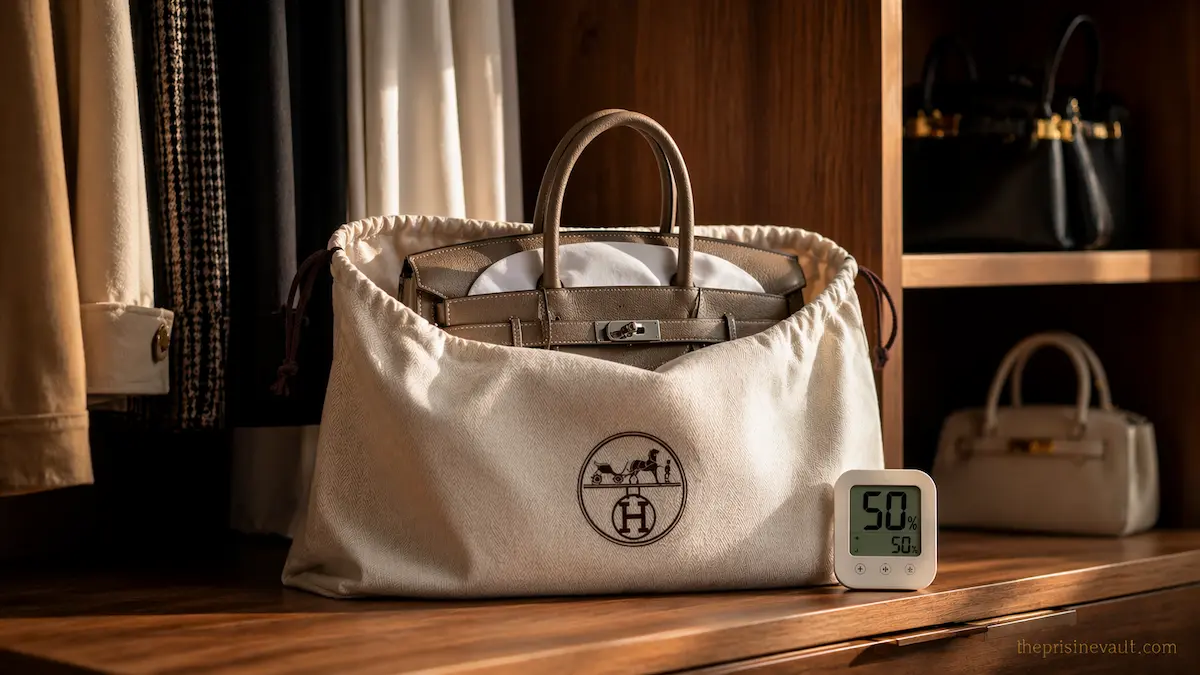 An Hermès Birkin bag inside a breathable cotton dust bag, properly stuffed for shape retention, with a digital hygrometer showing ideal 50% humidity levels for luxury bag storage