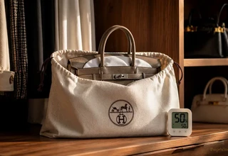 An Hermès Birkin bag inside a breathable cotton dust bag, properly stuffed for shape retention, with a digital hygrometer showing ideal 50% humidity levels for luxury bag storage