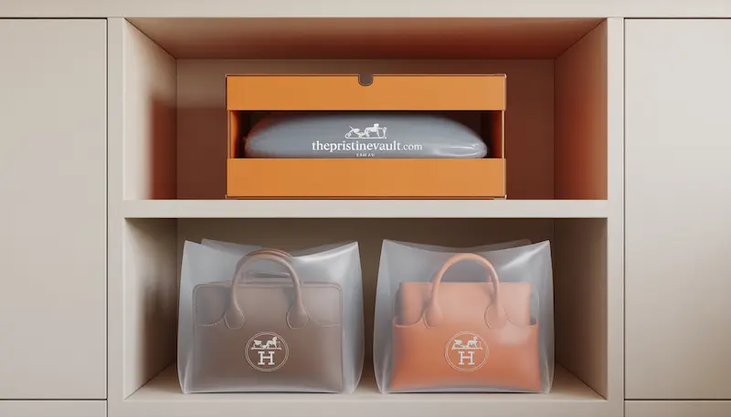 A display by The Pristine Vault showcasing a correct Hermès pillow inserter in an orange box above two luxury bags encased in non-breathable plastic covers, illustrating the common mistake that leads to leather mold.
