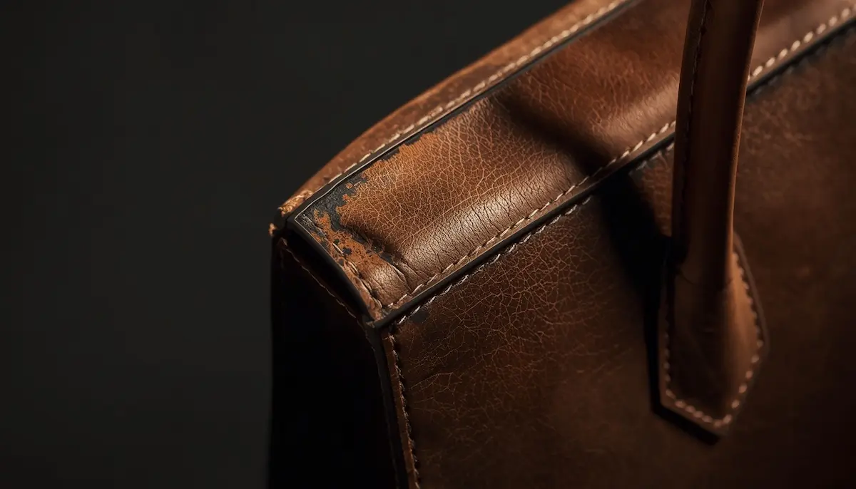 Close-up of a brown leather luxury bag showing worn-out corners, scuffed leather, and peeling edge paint near the handle