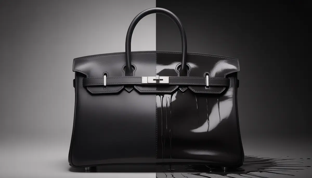Comparison of a pristine black Hermès Birkin vs leather darkened and greasy from using the wrong conditioner.