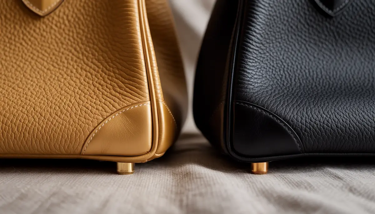 A side-by-side comparison of two textured Hermès leather bags in gold and black, showcasing their grains, stitched corners, and gold bottom feet
