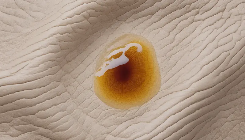 A detailed shot of a significant, dark oil stain on a light beige Hermès leather swatch, illustrating the irreversible darkening effect of using heavy oils like mink oil.