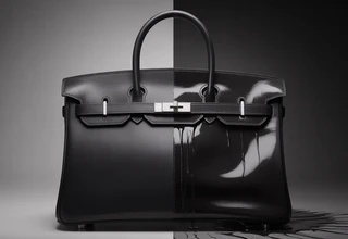 Comparison of a pristine black Hermès Birkin vs leather darkened and greasy from using the wrong conditioner.