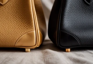 A side-by-side comparison of two textured Hermès leather bags in gold and black, showcasing their grains, stitched corners, and gold bottom feet