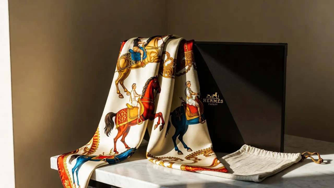 A Hermes silk scarf with equestrian and horseman print draped over a marble surface beside the original black Hermes box and ivory dust bag, lit by soft natural side lighting