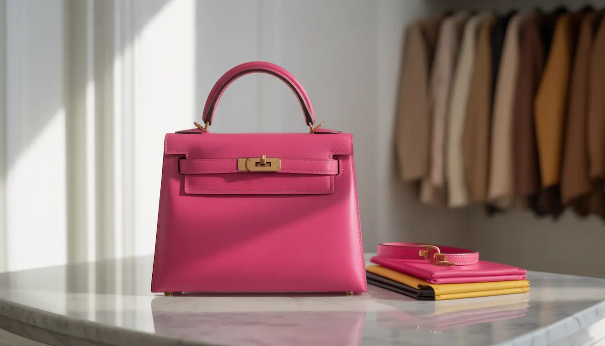 A pristine fuchsia pink Hermès Kelly bag on a white marble table, illustrating the luxury standard of a well-maintained bag that avoids common care mistakes