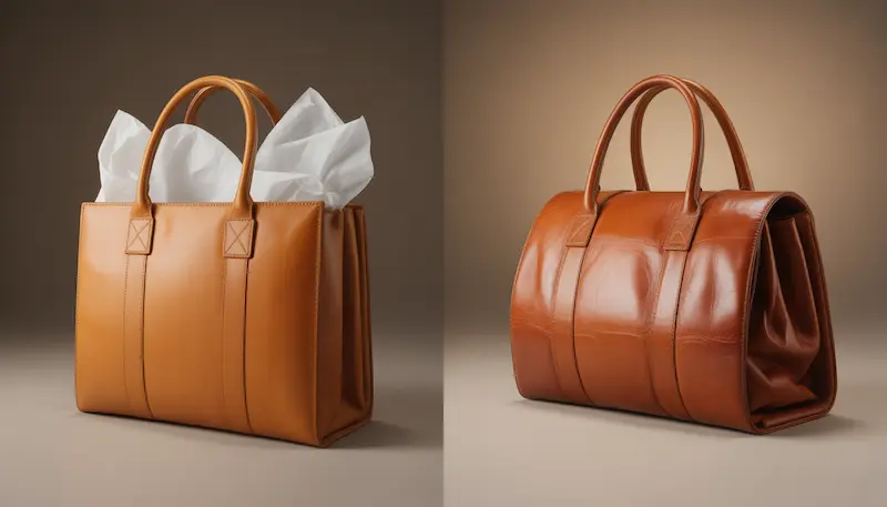 A comparison shot showing a structured tan leather bag on the left filled with tissue paper and standing tall, versus an identical empty bag on the right that is collapsing and developing deep creases