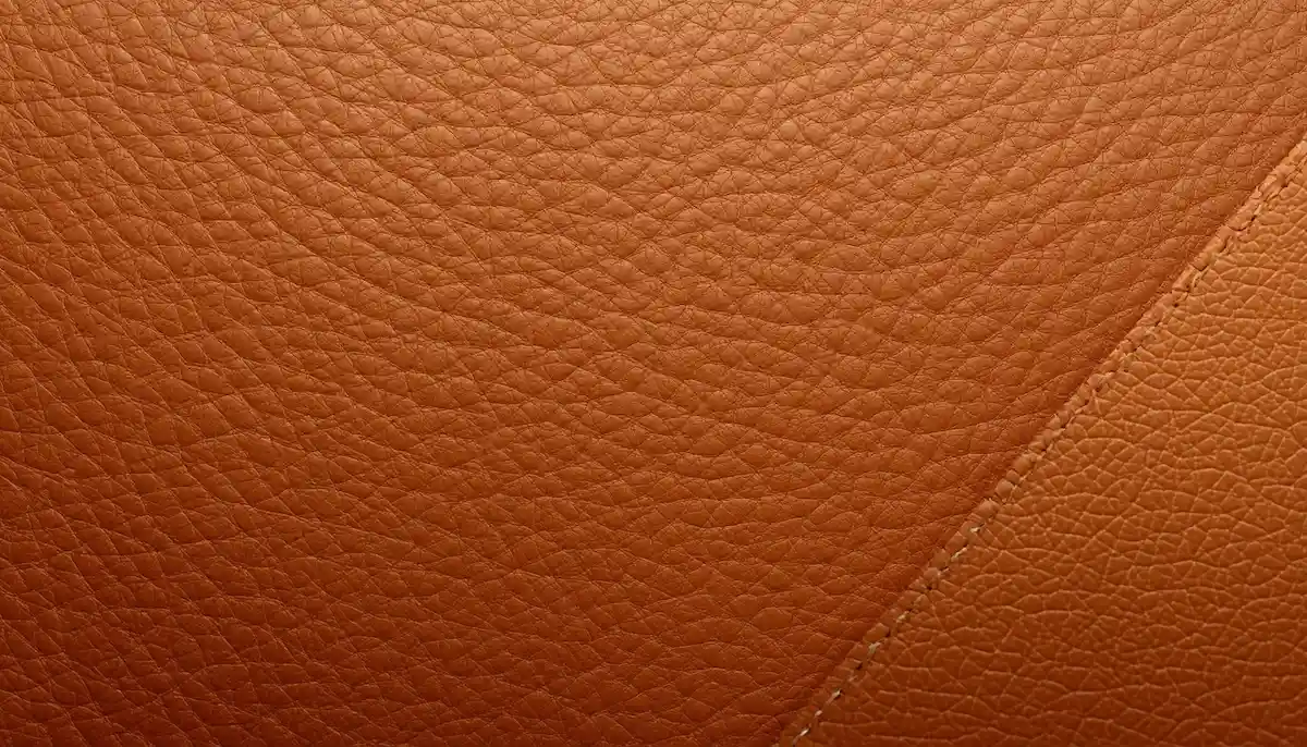 A close-up texture shot of Hermès Gold Epsom leather showing its fine embossed grain and diagonal contrast stitching