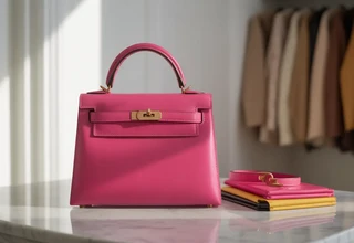 A pristine fuchsia pink Hermès Kelly bag on a white marble table, illustrating the luxury standard of a well-maintained bag that avoids common care mistakes