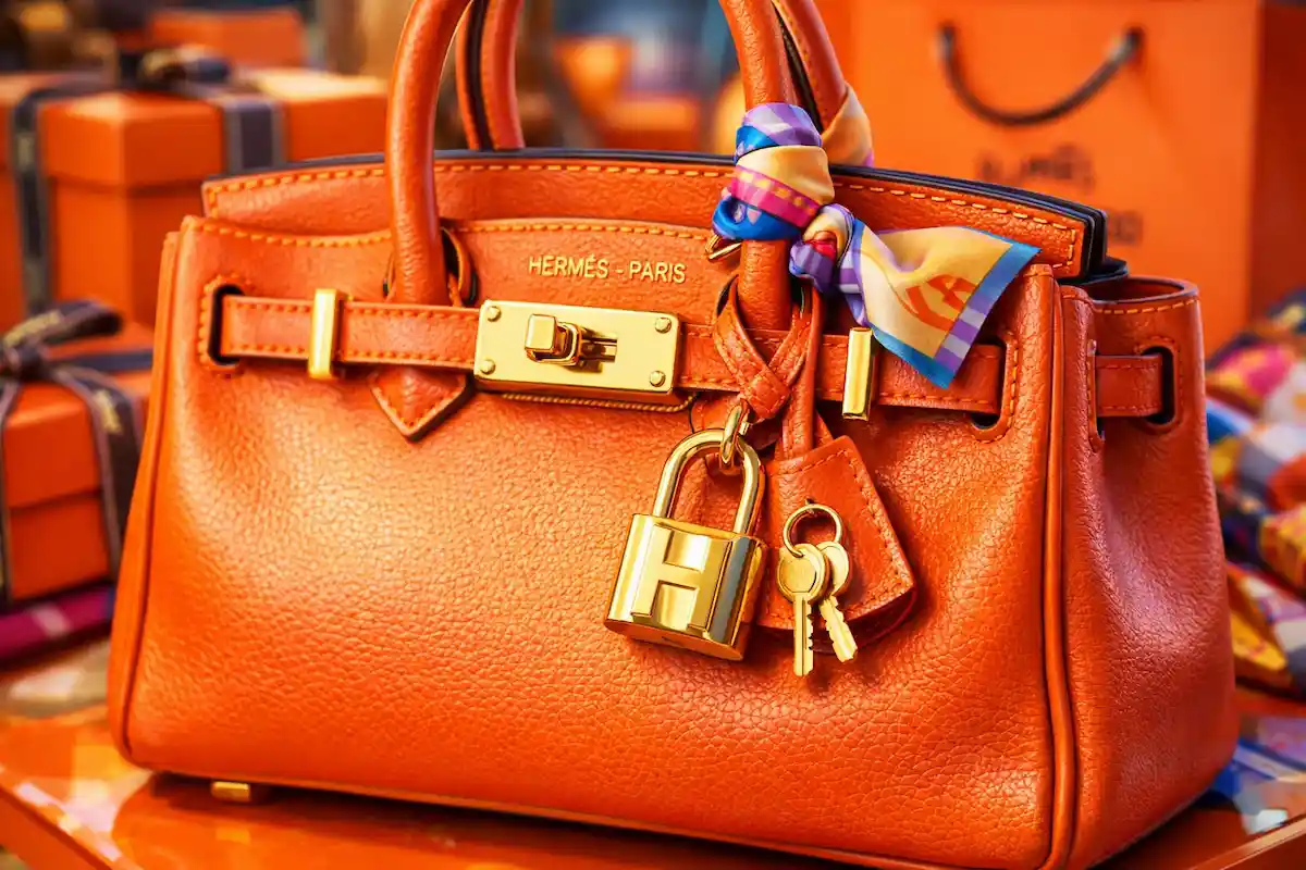 An authentic orange leather Hermès Birkin bag with gold hardware, a signature H padlock, and a colorful silk twilly scarf tied to the handle.