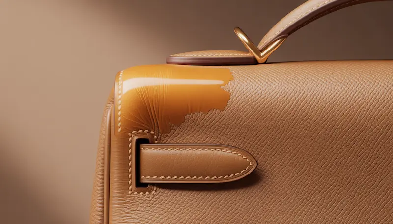 A close-up shot of a tan Hermès leather bag showing a prominent stain and finish damage caused by using incorrect cleaning products or over-conditioning, highlighting the importance of using pH-balanced leather care.