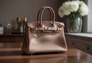 A luxury Hermès Birkin bag in Etoupe Togo leather sitting on a wooden table, partially exposed to a beam of direct sunlight from a window, illustrating potential UV damage and environmental risks for luxury leather goods.