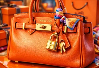 An authentic orange leather Hermès Birkin bag with gold hardware, a signature H padlock, and a colorful silk twilly scarf tied to the handle.