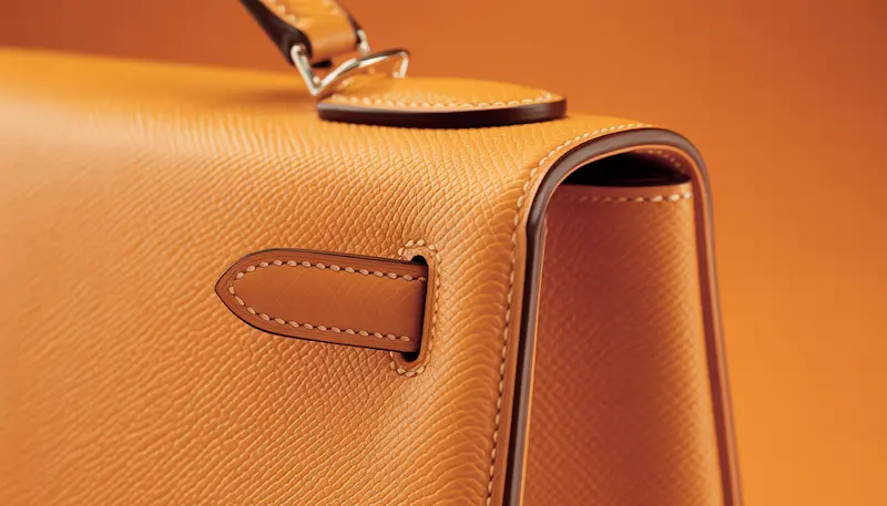 A macro 16:9 close-up shot of Hermès Togo leather, focusing on the irregular natural pebbles and healthy sheen of a well-maintained natural hide.