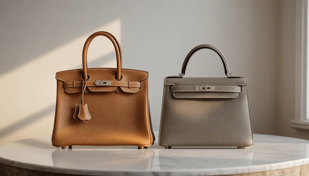 A side-by-side comparison of Hermès Togo and Epsom leather bags, highlighting the difference between natural pebbled grain and structured pressed grain