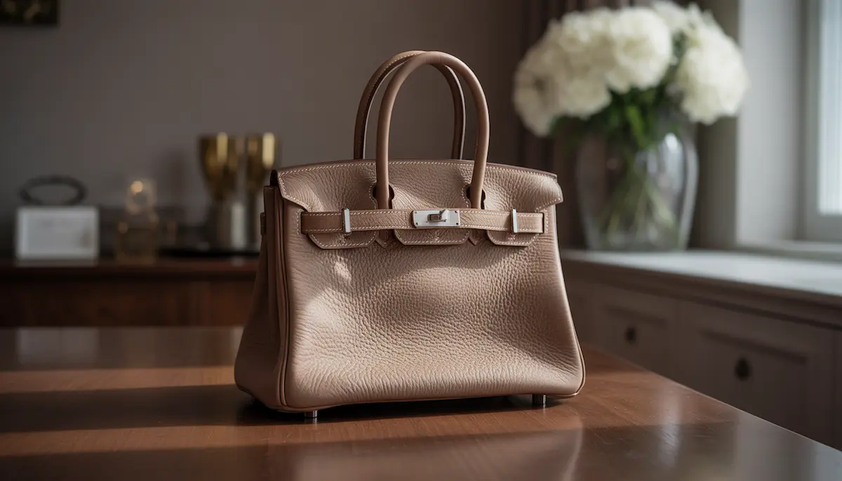 An authentic Hermès Birkin bag for sale in Etoupe Togo leather with palladium hardware, displayed on a wooden table in a luxury interior setting.