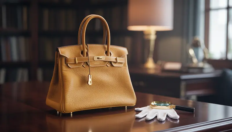 An authentic Hermès Birkin bag for sale placed on a wooden table with a magnifying glass and white gloves for expert authenticity inspection.