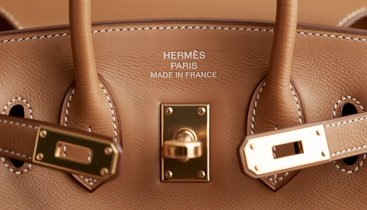 Close-up of authentic Hermès Birkin bag for sale showing the interior foil stamp and saddle stitching for authenticity verification.