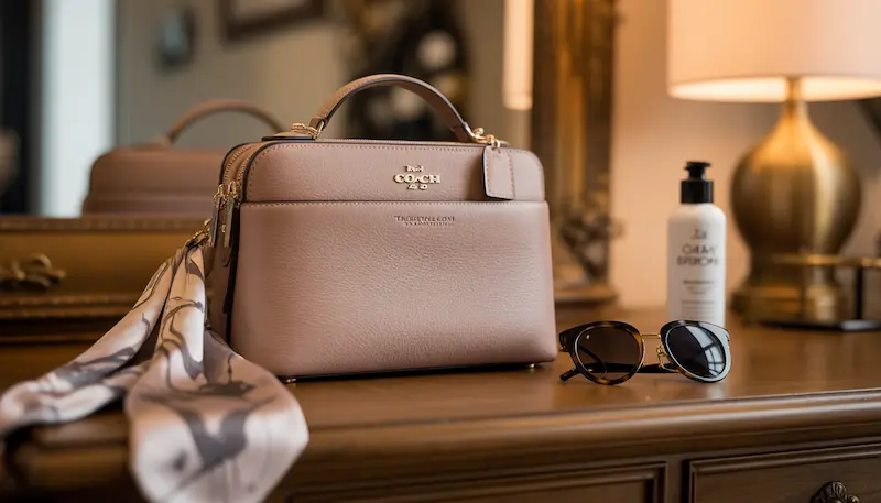 A Coach Tabby Shoulder Bag 26 in taupe pebble leather displayed on a vanity desk with a leather conditioner bottle, sunglasses, and a silk scarf, illustrating luxury bag care and styling.