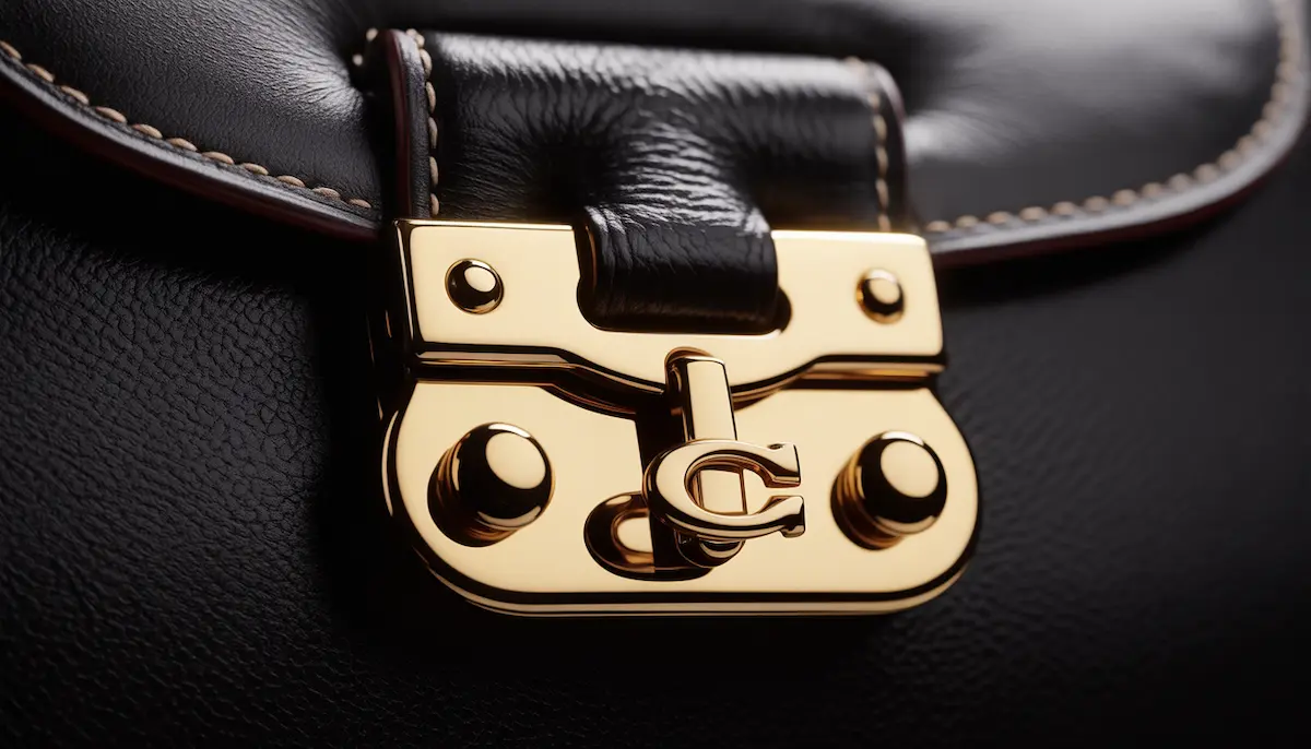 Close-up detail of the gold-plated C-shaped turn-lock closure on a black Coach Tabby Shoulder Bag 26, highlighting the polished pebble leather texture and hardware precision.