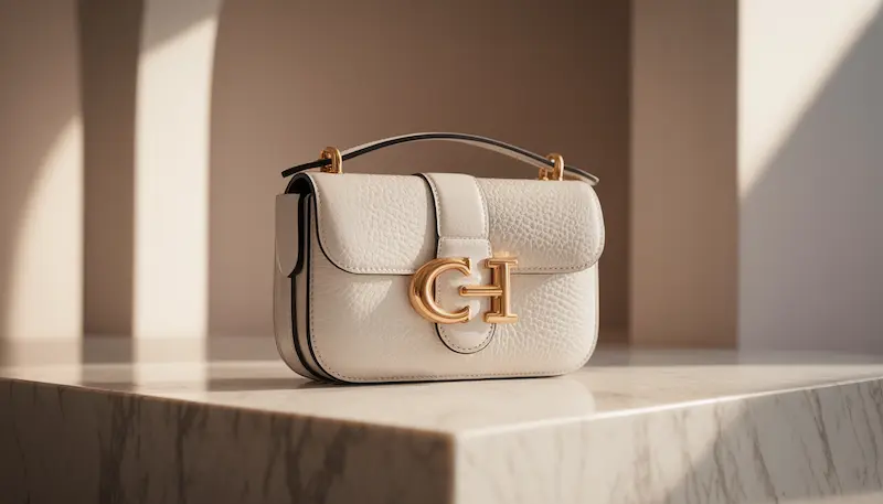 An authentic Coach Tabby Shoulder Bag 26 in Chalk White polished pebble leather with gold hardware, displayed on a marble surface with soft cinematic sunlight.