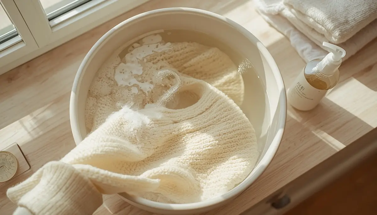 Hand washing a delicate cream cashmere sweater in a white basin filled with soapy water next to a gentle liquid detergent