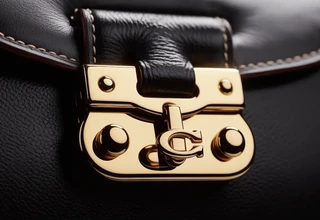 Close-up detail of the gold-plated C-shaped turn-lock closure on a black Coach Tabby Shoulder Bag 26, highlighting the polished pebble leather texture and hardware precision.