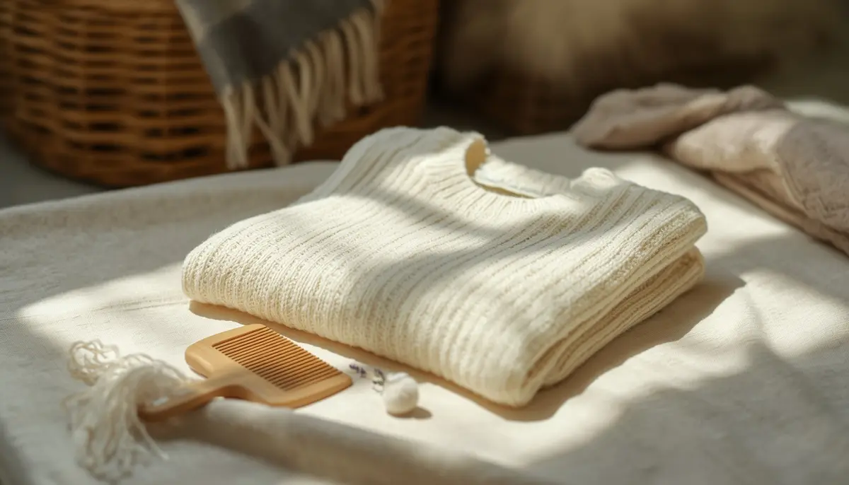 A neatly folded cream cashmere sweater with a wooden knit comb on a soft surface under warm sunlight