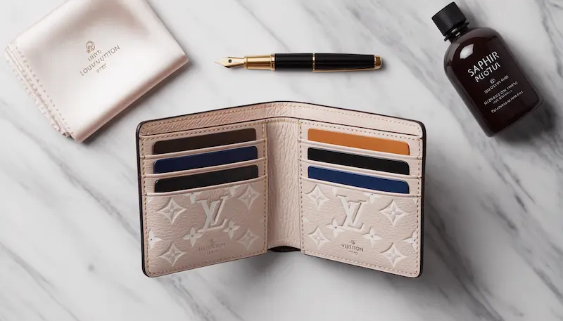 Open view of the Louis Vuitton Victorine Wallet interior showing six card slots, a bill compartment, and premium leather grain alongside care accessories.