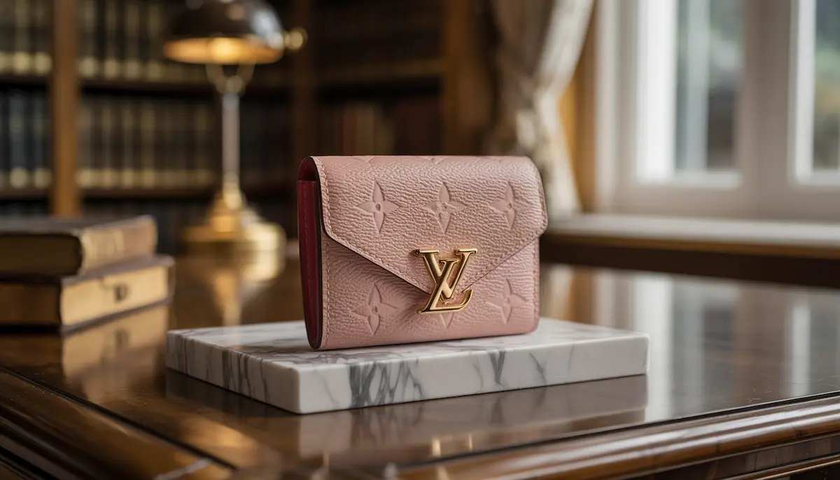 Louis Vuitton Victorine Wallet in Monogram Empreinte leather resting on a white marble slab in a luxury library setting, showcasing the gold LV logo and envelope design.