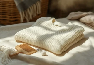 A neatly folded cream cashmere sweater with a wooden knit comb on a soft surface under warm sunlight
