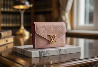 Louis Vuitton Victorine Wallet in Monogram Empreinte leather resting on a white marble slab in a luxury library setting, showcasing the gold LV logo and envelope design.