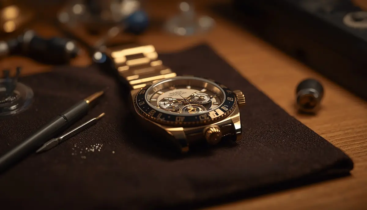 A luxury gold Rolex chronograph watch placed on a watchmaker work mat with precision tools