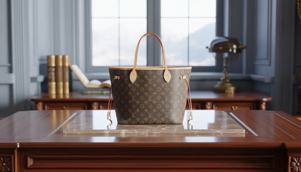 Louis Vuitton Neverfull MM in Monogram Canvas with light vachetta leather trim on a marble slab, featuring a classic luxury study background.