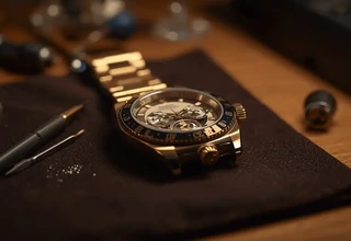 A luxury gold Rolex chronograph watch placed on a watchmaker work mat with precision tools