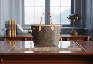 Louis Vuitton Neverfull MM in Monogram Canvas with light vachetta leather trim on a marble slab, featuring a classic luxury study background.