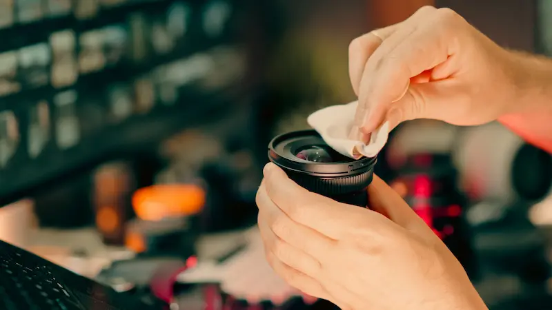 Hands carefully cleaning the front glass element of a DSLR camera lens with a soft white microfiber cloth to prevent fungus growth
