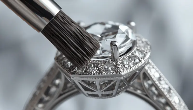 Close-up of a soft-bristle jewelry brush cleaning the intricate underside setting of a platinum diamond ring