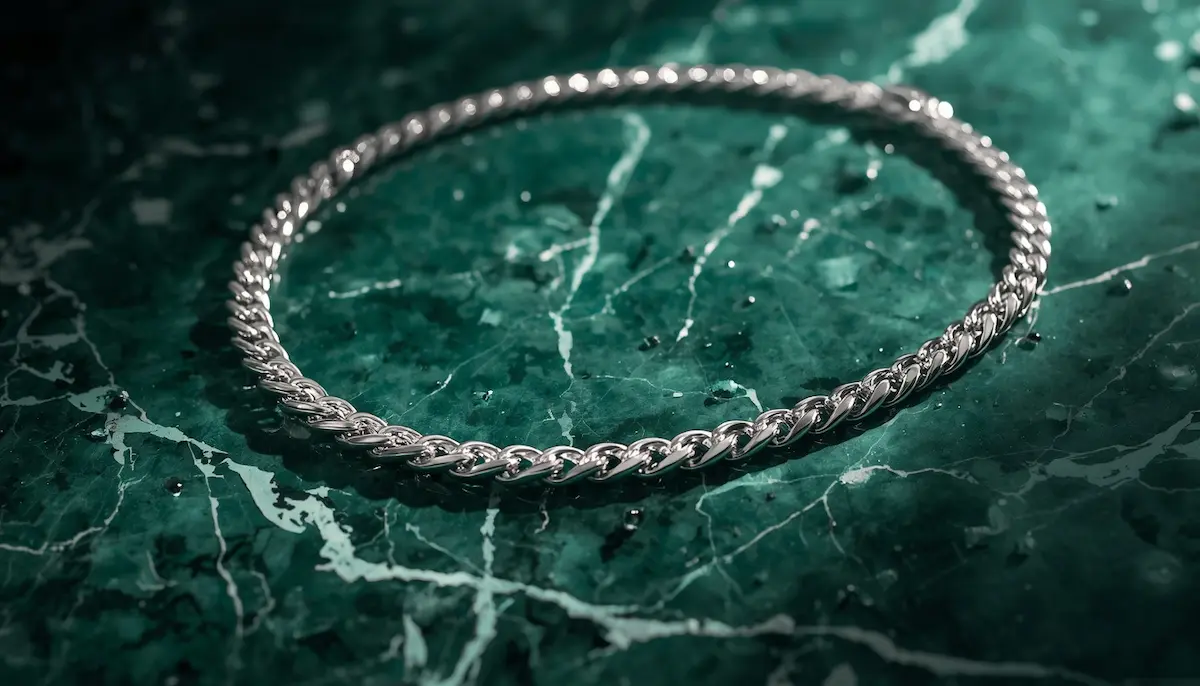 A sparkling, freshly cleaned platinum necklace lying on a green marble