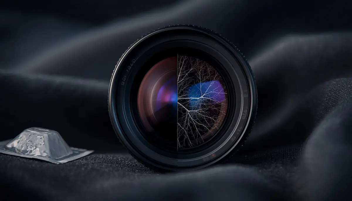 A camera lens showing a split-screen comparison of a clean lens versus a lens with white fungus growth, with a desiccant packet on the side.