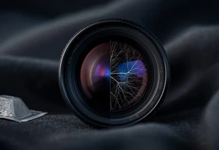 A camera lens showing a split-screen comparison of a clean lens versus a lens with white fungus growth, with a desiccant packet on the side.