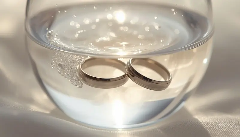 Two platinum wedding bands soaking in a clear glass bowl of warm soapy water for professional-grade jewelry cleaning at home.